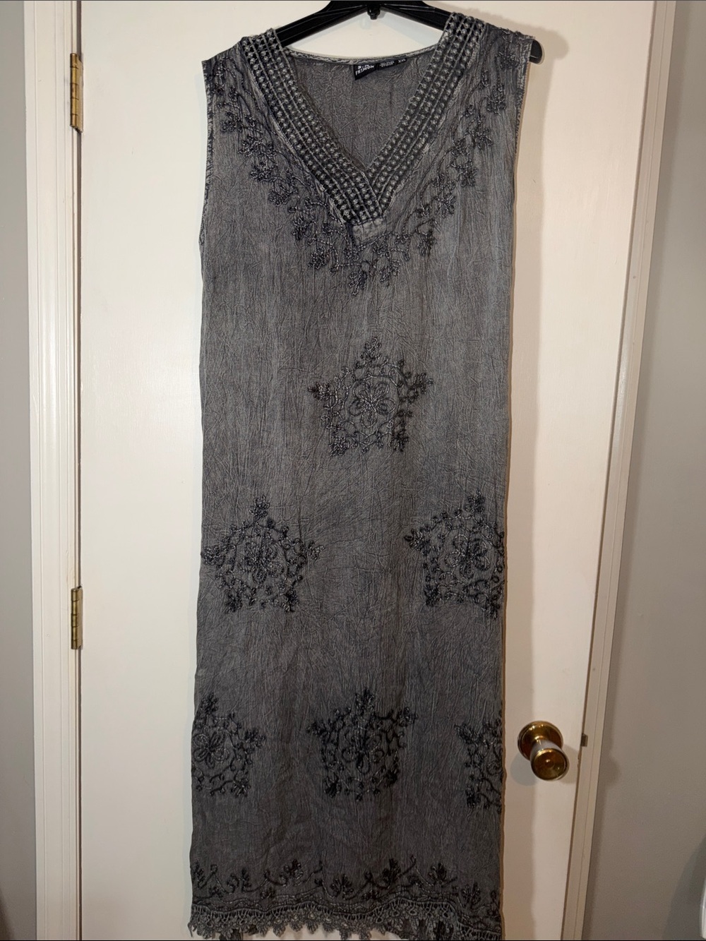 Vintage Distressed Gray Embroidered V-Neck Sleeveless Maxi Dress